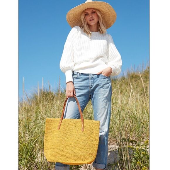 Mar Y Sol Coral Portland Crocheted Raffia Carryall Tote Genuine Leather Handle - Picture 5 of 10